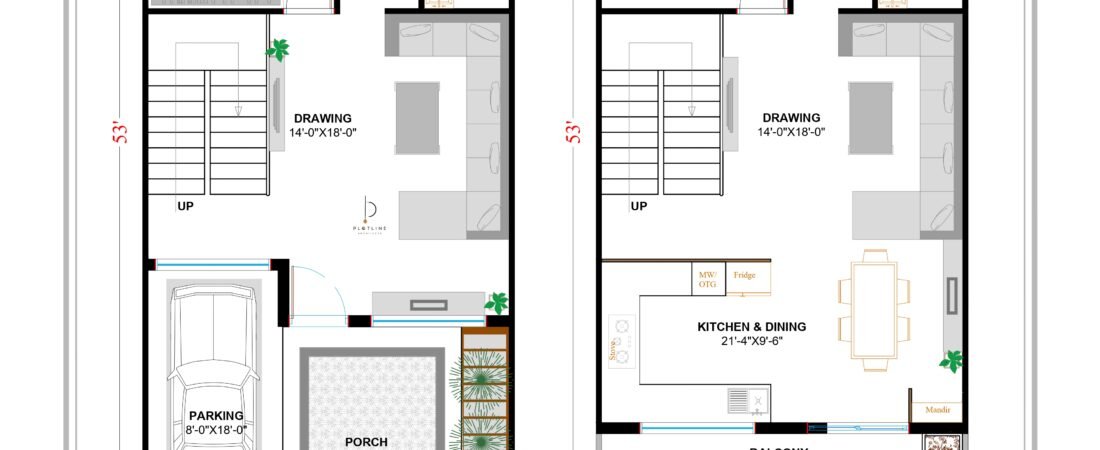 22 x 53 Duplex House Plan | East Facing